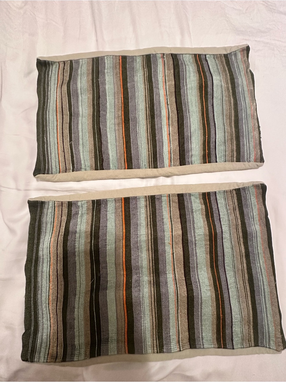 Crate&Barrel Striped pillow covers in Sage Green, Taupe and Orange